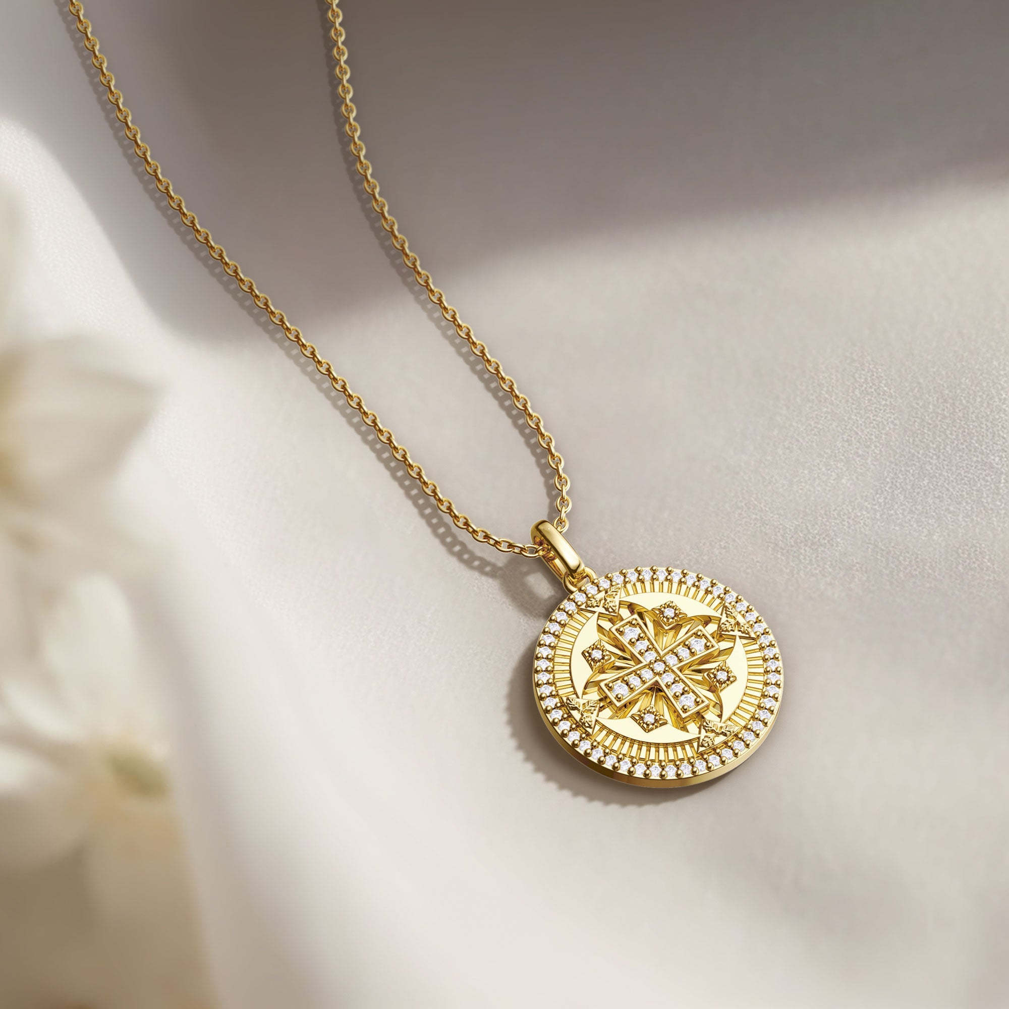 Divine Radiance Cross Protection Prayer Medallion Pendant Necklace - Gold Vermeil - vanimy