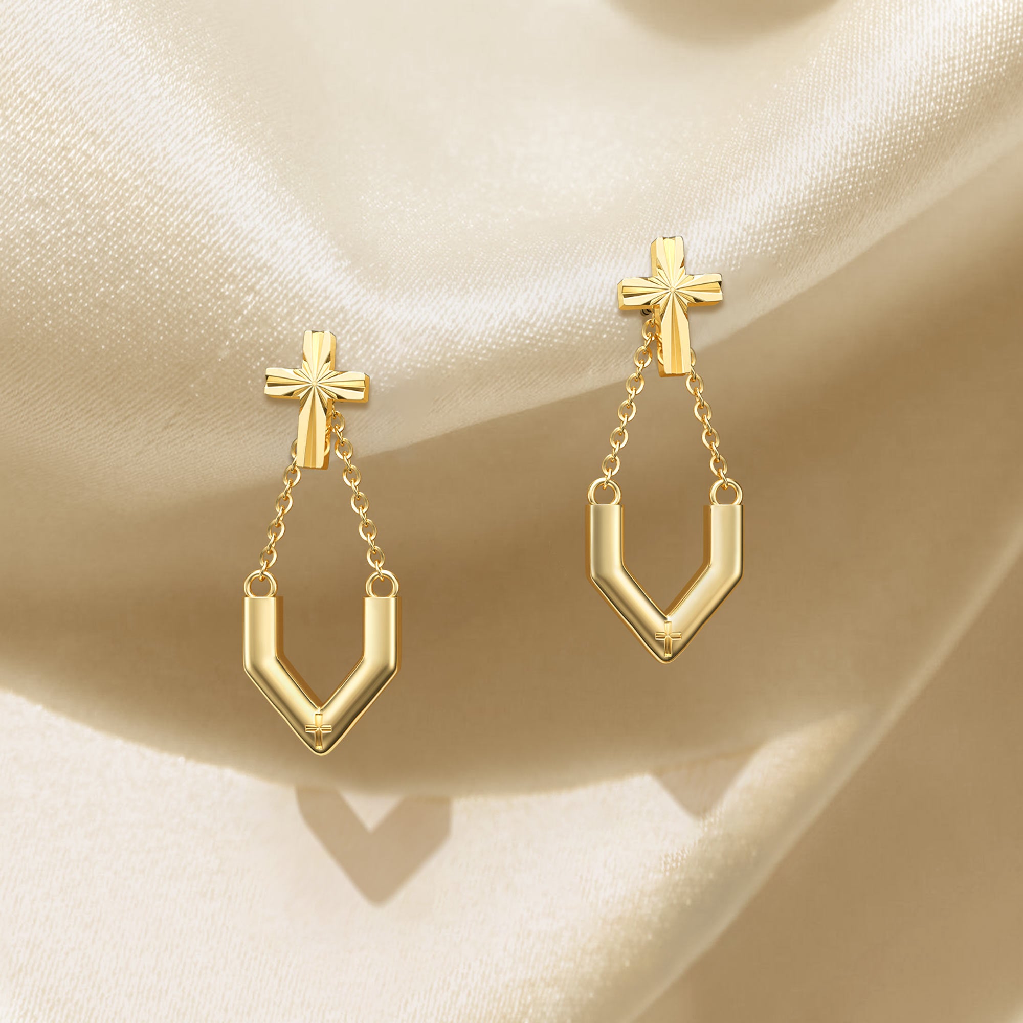 ‘Take the first step in faith' V Chain Cross Drop Earrings - vanimy