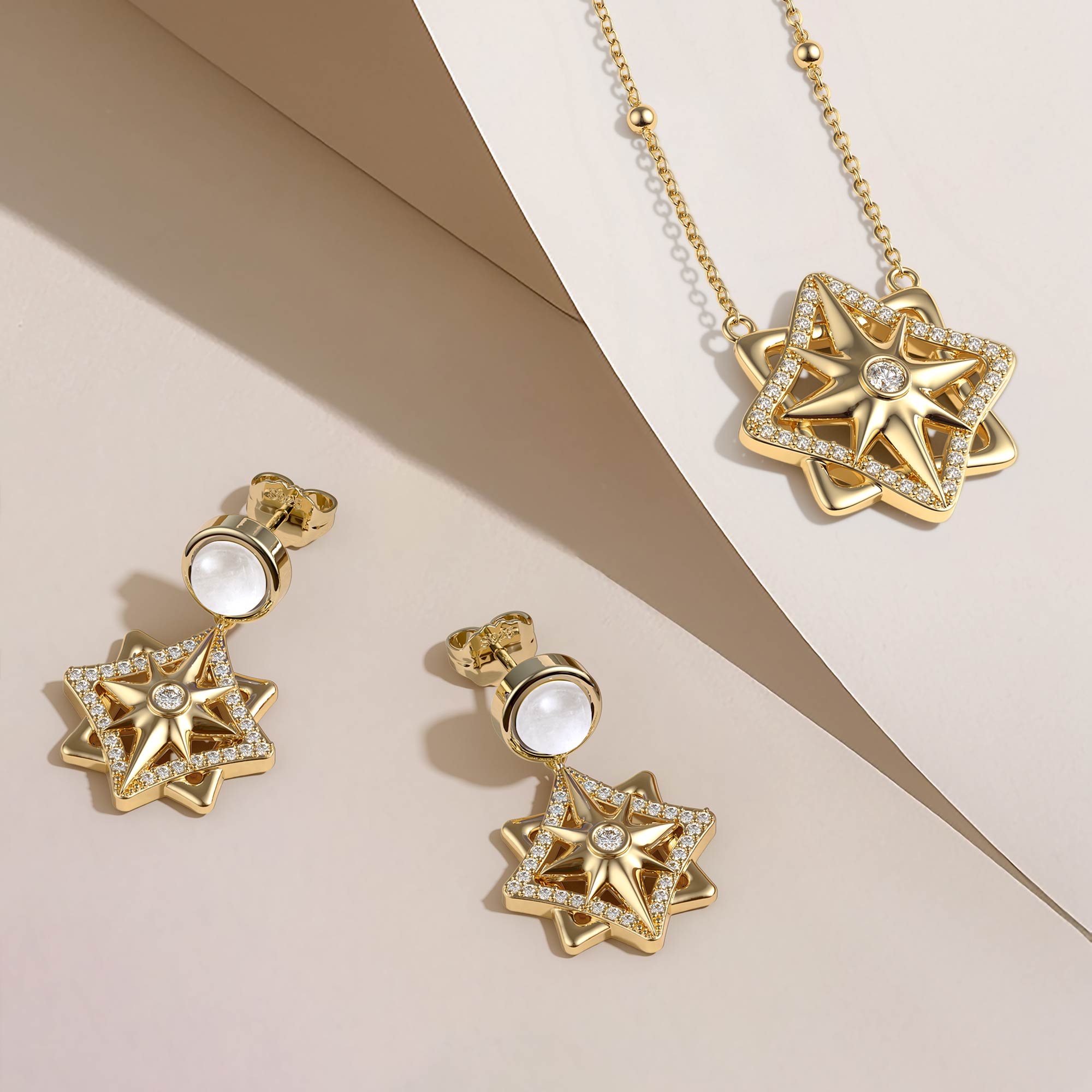 Pave North Star with Moonstone Drop Earrings - vanimy