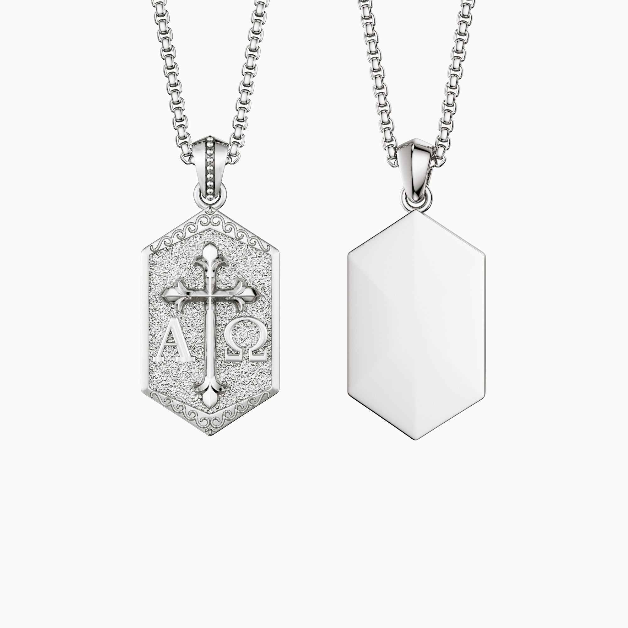 Personalized Hexagonal Alpha Omega Cross Medallion Necklace - vanimy